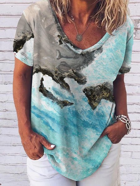 

Women Vintage Geometric V-Neck T-Shirt, As picture, T-shirts