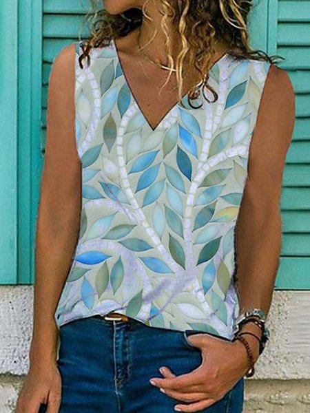 

Le foglie senza maniche Stampato Misto Cotone Scollo a V Casuale Estate Blu Superiore, Blouses & Shirts