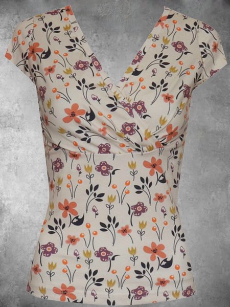 

Casual Short Sleeve V Neck Plus Size Printed Tops, Beige, Auto-Clearance