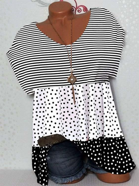

a pois Girocollo a Righe Maniche Corte Camicie & Top, Nero, Tops