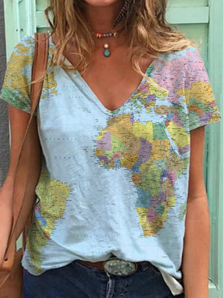 

Carta geografica Casuale Stampato Scollo a V Maniche Corte Camicie & Top, Blu, Dresses