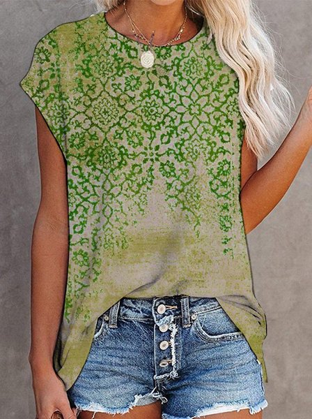 

Paisley Short Sleeve Printed Cotton-blend Crew Neck Vintage Boho Summer Green Top, Blouses & Shirts