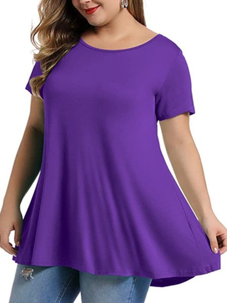 

A-Line Short Sleeve Casual Crew Neck Tops, Purple, T-Shirts