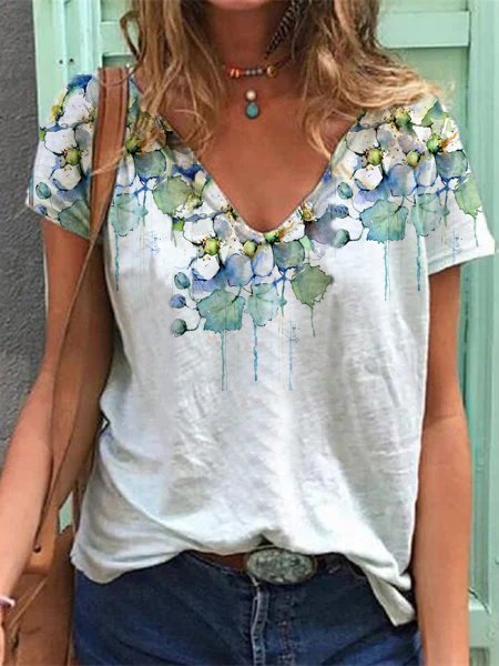 

Maniche Corte Misto Cotone Dritto Scollo a V Camicie & Top, Bianco, Tops