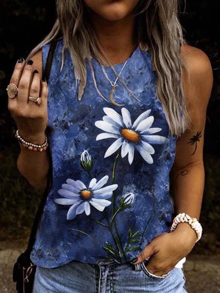 

Floral Floral-Print Cotton-Blend Casual T-shirt, Blue, Tanks & Camis