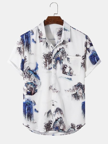 

Mens Mountain Ink Painting Chinoiserie Curved Hem Shirt, White, Men's shirts