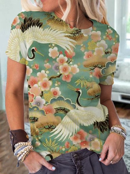 

Casual Short Sleeve Floral-Print Crew Neck Shirts & Tops, Multicolor, Tops