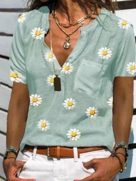 

Short Sleeve Stand Collar Casual Floral Tops, As picture, Blouses & Shirts
