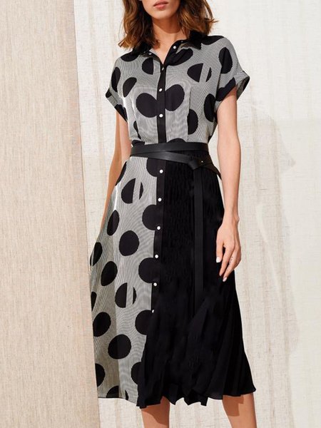 

Work Polka Dots Shirt Collar Midi Dress, Black, Midi Dresses