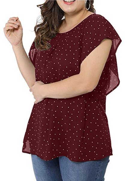 

Plus Size Chiffon Tshirt Women Casual Summer Ruffles Loose Short Sleeve Tops Blusas Large size ladies Dot tops Female T-Shirt, Wine red, T-Shirts