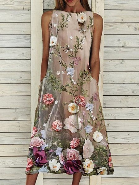 

Tasche Girocollo Senza Maniche Floreale Abito, Rosa, Midi Dresses