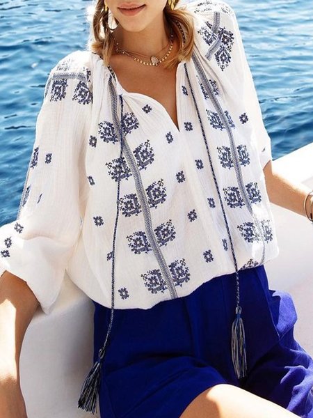 

Vintage 3/4 Manica Geometrico Stampato Scollo a V taglia grande Casuale Top, Blu bianco, Tops