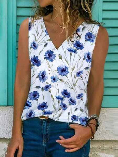 

Casuale Misto Cotone Floreale Scollo a V Camicie & Top, Bianco, Tank Top
