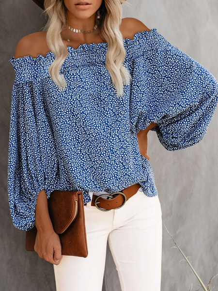 

Vacanza Spalla Nuda Maniche Lunghe Top, Blu, Blouses & Shirts