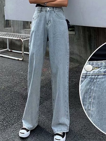 

Vintage Tinta unita taglia grande Tasche Casuale Denim Pantaloni, Azzurro, Pants