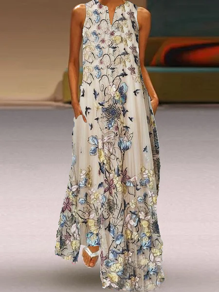 

maglia senza maniche Scollo a V Abito, Cachi, Maxi Dresses