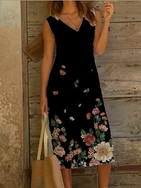 

Casual Floral-print Cotton-Blend Sleeveless Midi Weaving Dress, Black, Floral Dresses