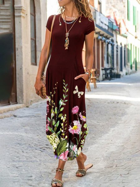 

Maniche Corte Casuale Stampato Floreale Abito, Vino rosso, Dresses