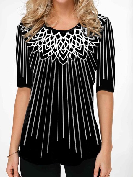 

Casual Cotton-Blend V Neck Shift T-shirt, Black, Tops