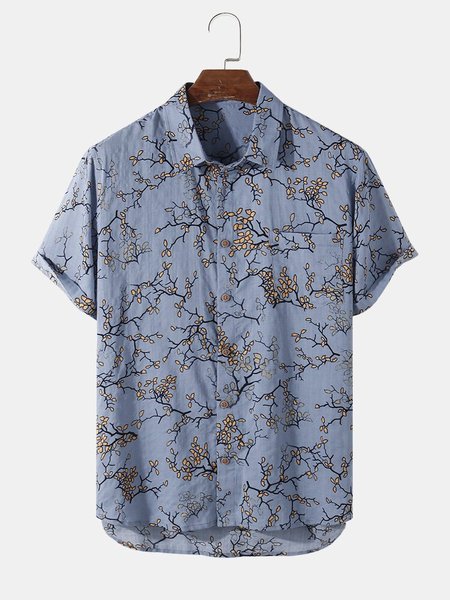 

Mens Plant Graphics Button Up Cotton Short Sleeve Shirt, Blue, Men's shirts