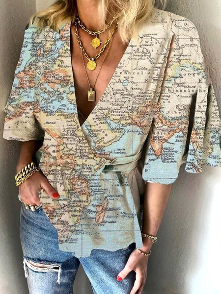 

Casuale carta geografica Stampa kimono Cappotto, Blu, Tops