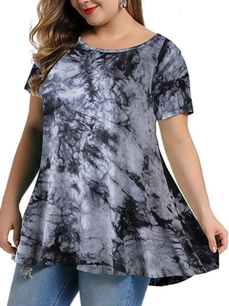 

Ombre/tie-Dye Short Sleeve Crew Neck Polyester Fibre Tops, Gray, T-Shirts