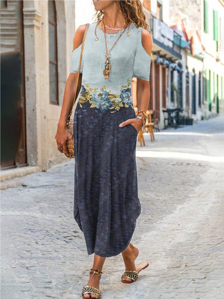 

Spalla Nuda Floreale Abito, Blu, Maxi Dresses