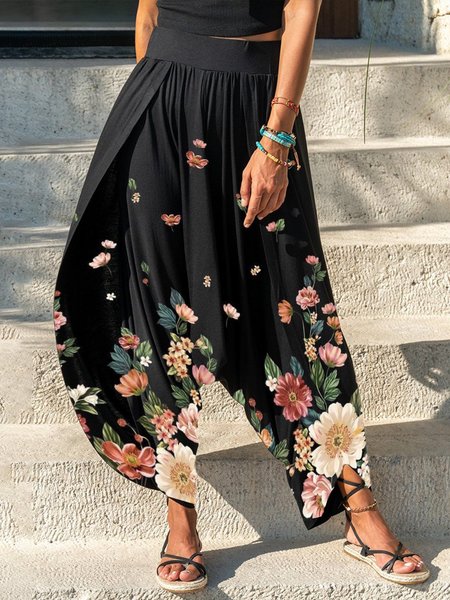 

Casuale Asimmetrico Floreale harem Pantaloni, Nero, Bottoms