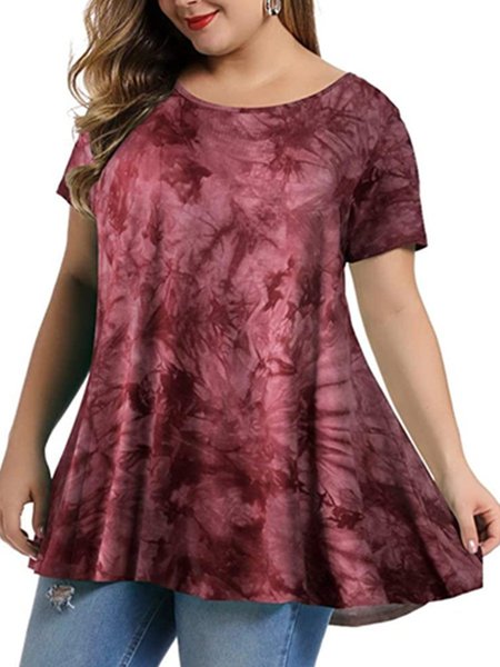 

Casual Ombre/tie-Dye A-Line Tops, Red, T-Shirts