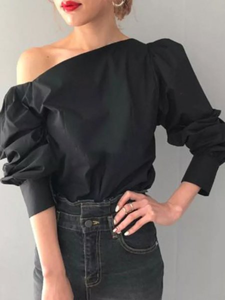 

Maniche Lunghe Tinta Unita Una Spalla Superiore, Nero, Blouses & Shirts