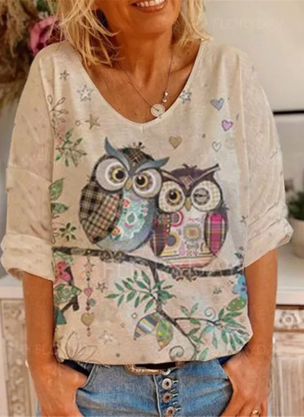 

Flower Owl Floral Cotton-Blend Short Sleeve Floral-Print Blouse, As picture, Tees & T-shirts