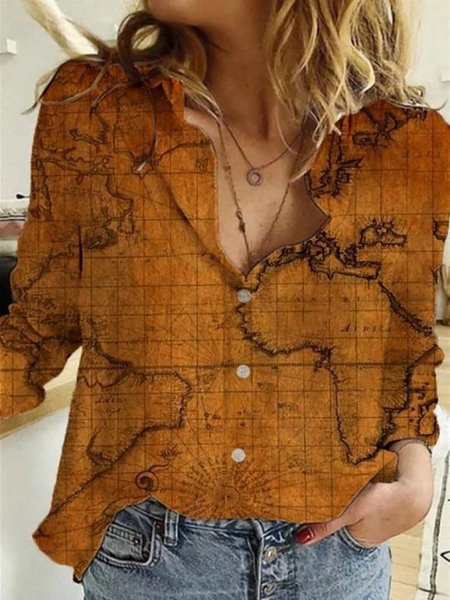 

Vintage Carta geografica Di Il Mondo Pittura Stampare Camicetta Top, Giallo, Tops