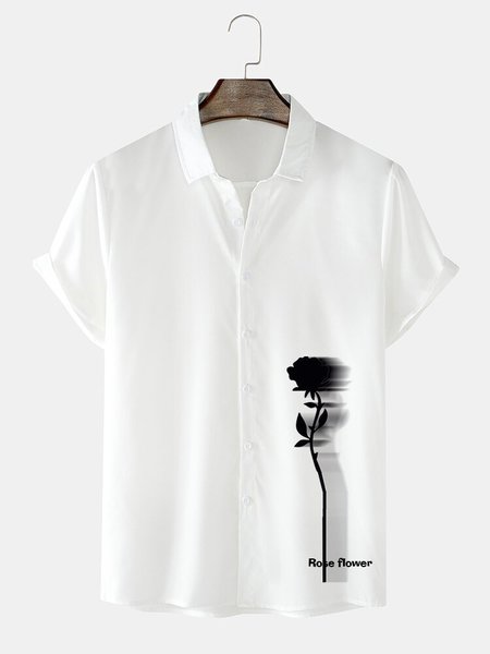 

Mens Rose Shadow Side Print Lapel Street Short Sleeve Shirts, White, Men's shirts