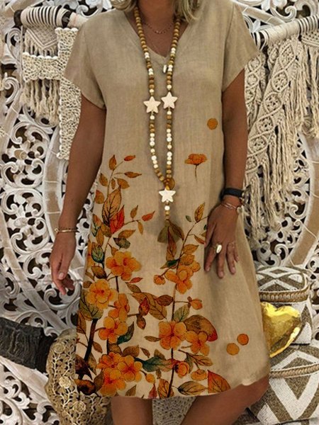 

Misto Cotone Casuale Maniche Corte Abito, Cachi, Dresses