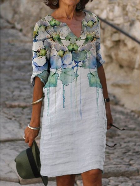 

V Neck Half Sleeve Weaving Dress, White, Floral Dresses