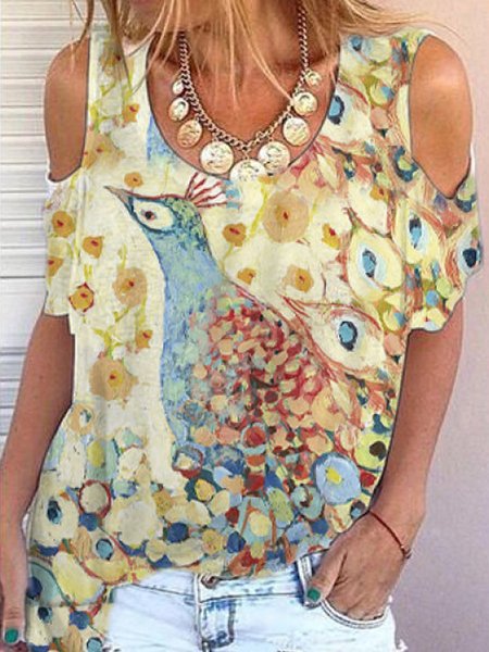 

Printed Casual Cotton-Blend Shift T-shirt, As picture, Tees & T-shirts