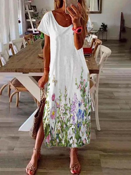 Short Sleeve Crew Neck Floral Print Casual Knitting Dress