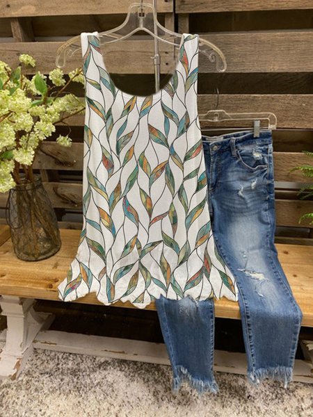

Vintage Printed Crew Neck Tops, Apricot, Tank Tops & Camis