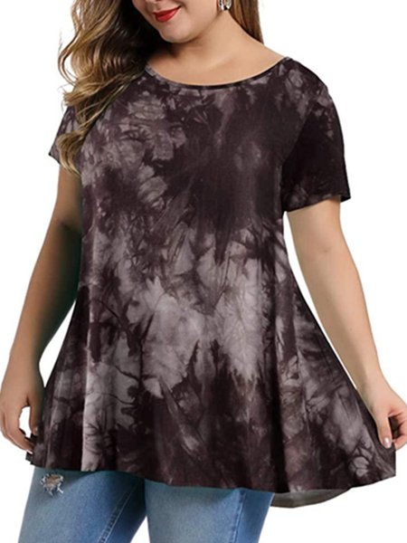 

plus size l- a-line ombre/tie-dye short sleeve crew neck Tops, Black-purple, T-Shirts