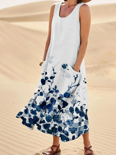 

senza maniche Misto Cotone Tasche Abito, Bianco, Midi Dresses