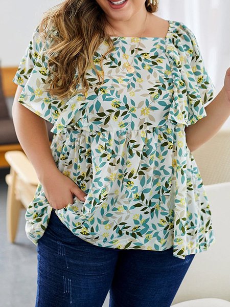 

Frill Sleeve Square Neck A-Line Floral-Print Tops, Green, T-Shirts