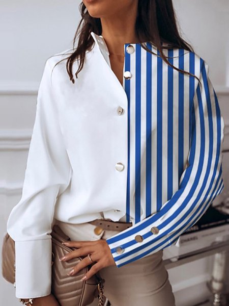 

strisce Maniche Lunghe Casuale Colletto Rialzato Top, Bianco, Blouses & Shirts