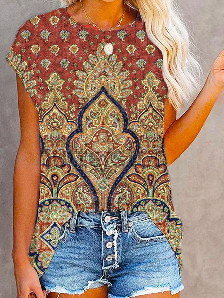 

Crew Neck Abstract Short Sleeve Shift Shirts & Tops, Red, Printed T-shirts