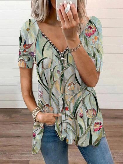 

Grande Taglia Maniche Corte T-shirt con Cerniera, Verde, T-Shirts