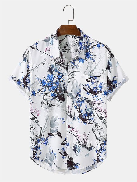 

Chinoiserie Mens Flower Ink Printing Pocket Curved Hem Shirt, White, Men's shirts