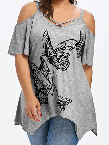 

European style Women plus Size T-Shirt Summer Large Size Women Butterfly Printing T-Shirt big yards Short Sleeve, Gray, T-Shirts
