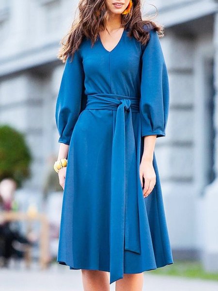 

3/4 Sleeve Elegant V Neck Solid Midi Dress, Blue, Midi Dresses