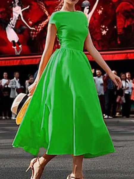 

Tinta Unita Maniche Corte A-line Abito, Verde, Dresses