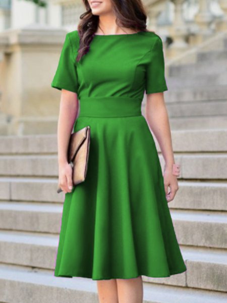 

Short Sleeve Crew Neck Solid Elegant Midi Dress, Green, Midi Dresses