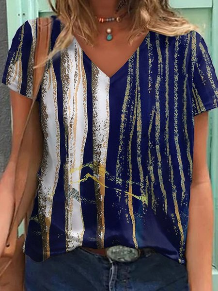 

Vacanza strisce Maniche Corte Scollo a V Top, Bianco-blu, Blouses & Shirts